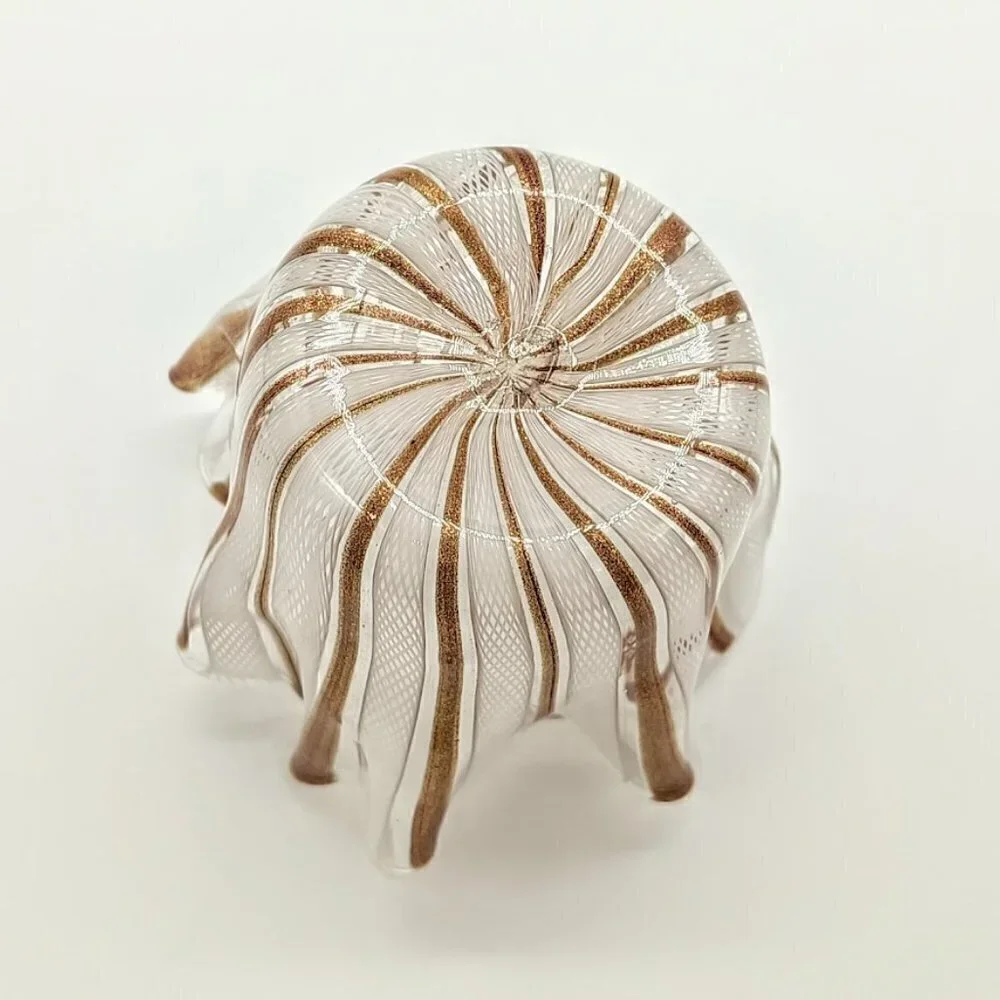 Murano Copper Aventurine White Latticino Handkerchief Glass Candle Holder